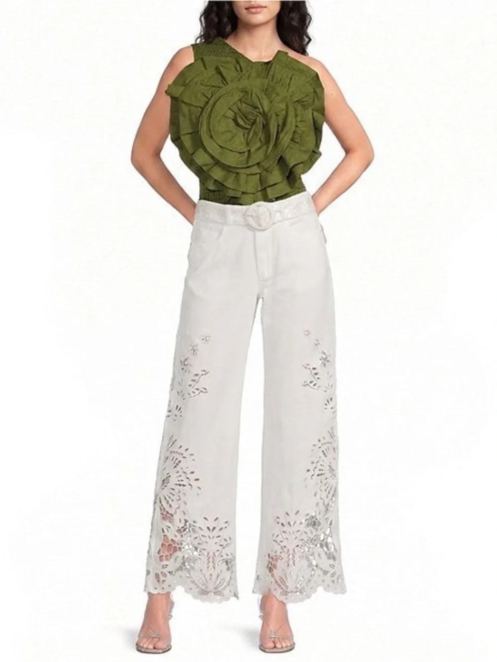 Farm Rio High Rise Embroidered Eyelet off-white Denim Wide Leg Pants - size 26 - Picture 6 of 13